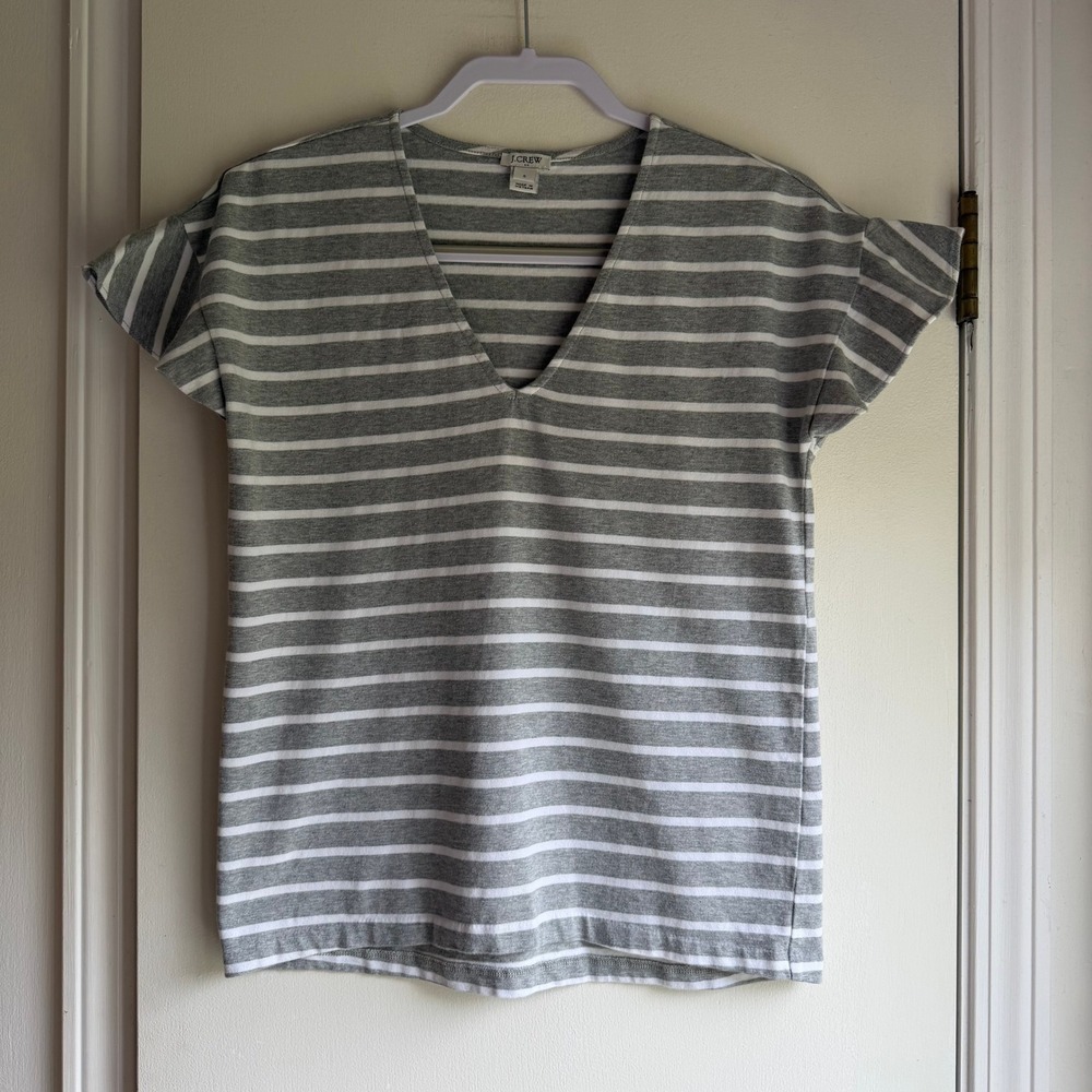 J.Crew Womens Grey White Striped Flutter Sleeve V-Neck Cotton T-Shirt H6011 S